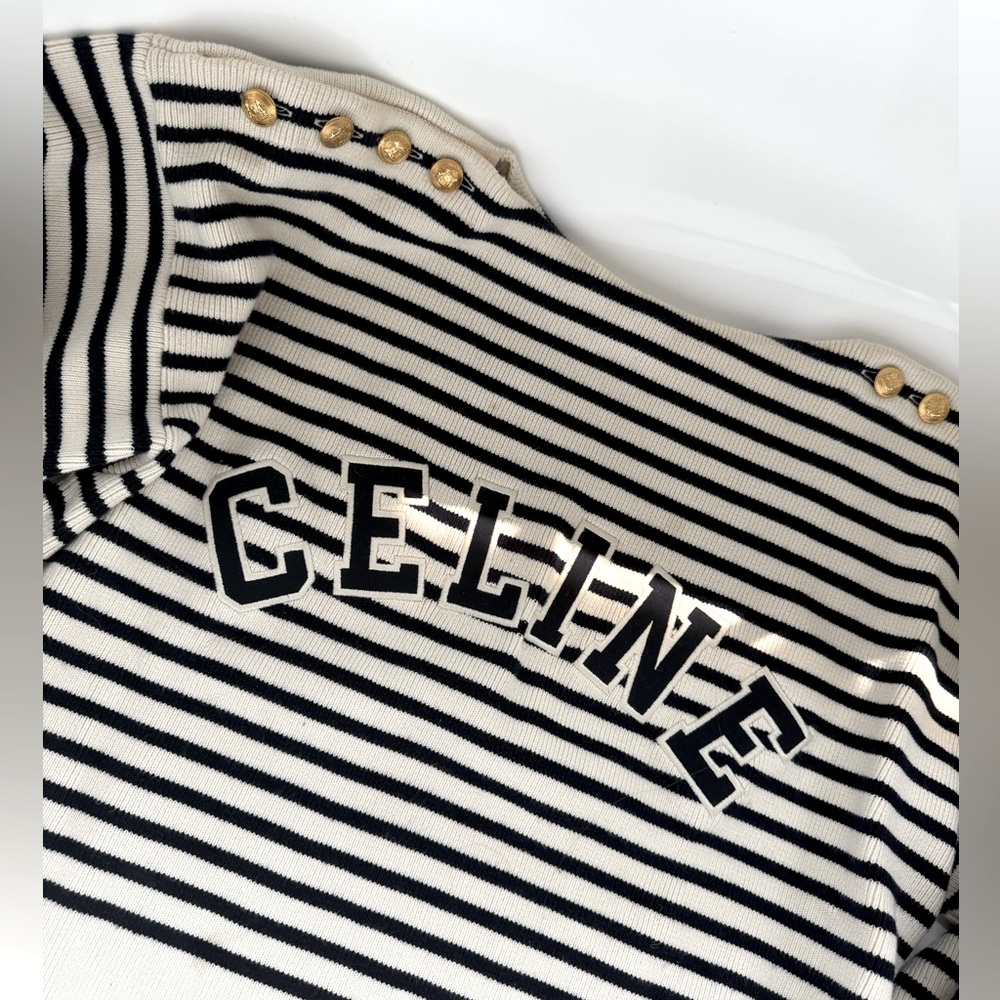 RARE! CELINE CROPPED Logo SWEATER in Blue stripes gold triomphe buttons xs